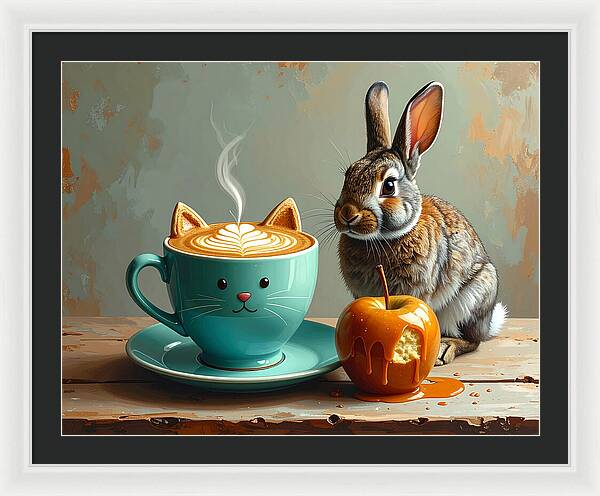 Rabbit with Cat Cup and Caramel Apple - Framed Print
