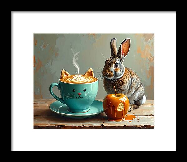 Rabbit with Cat Cup and Caramel Apple - Framed Print