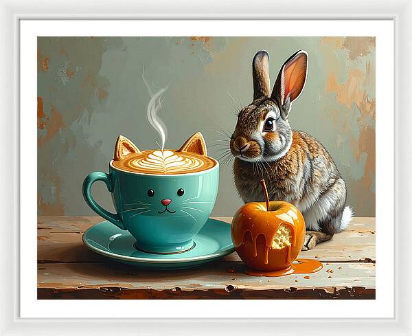 Rabbit with Cat Cup and Caramel Apple - Framed Print