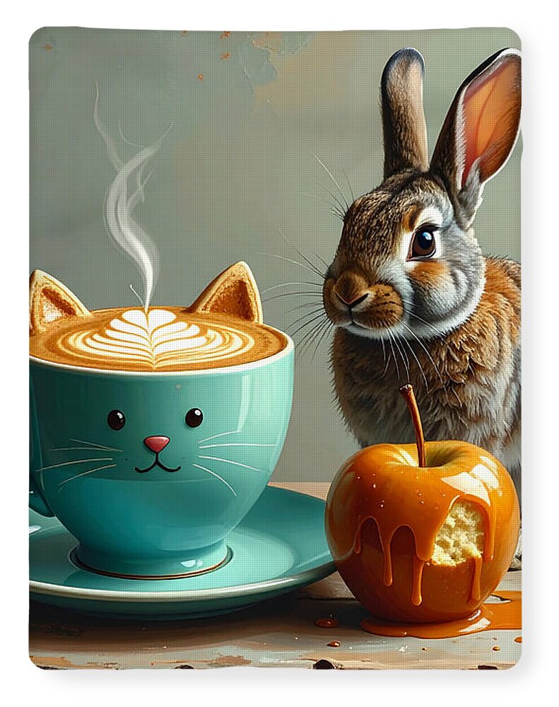 Rabbit with Cat Cup and Caramel Apple - Blanket