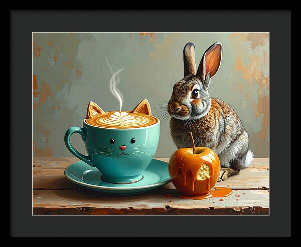Rabbit with Cat Cup and Caramel Apple - Framed Print