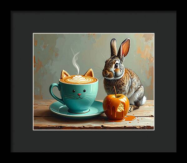 Rabbit with Cat Cup and Caramel Apple - Framed Print