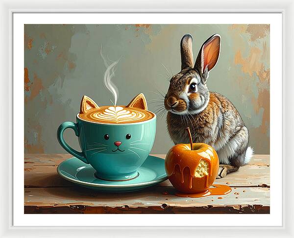 Rabbit with Cat Cup and Caramel Apple - Framed Print