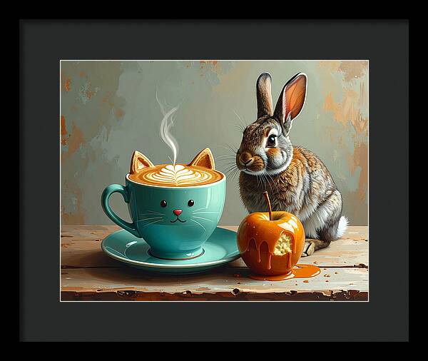 Rabbit with Cat Cup and Caramel Apple - Framed Print