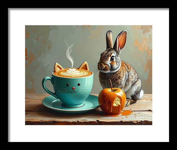 Rabbit with Cat Cup and Caramel Apple - Framed Print