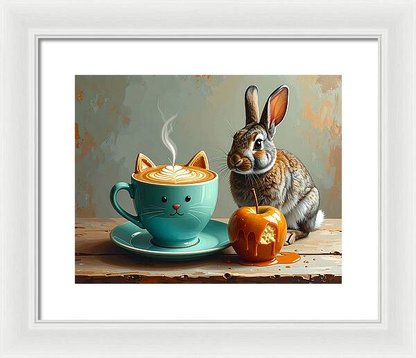 Rabbit with Cat Cup and Caramel Apple - Framed Print