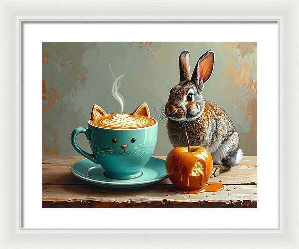 Rabbit with Cat Cup and Caramel Apple - Framed Print