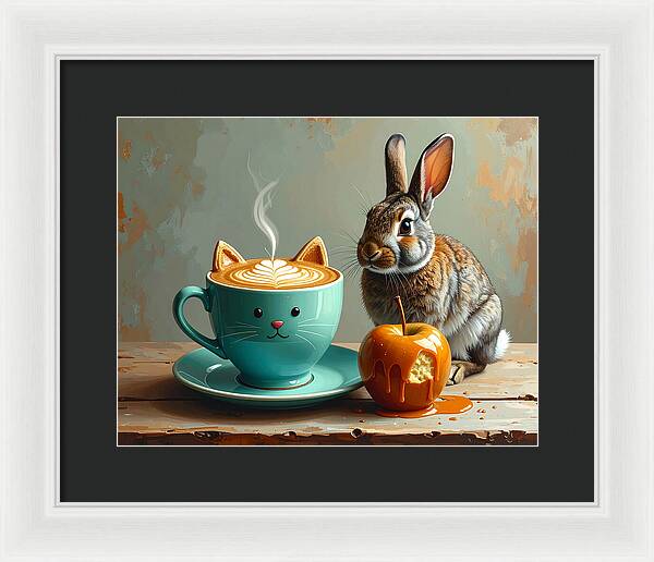 Rabbit with Cat Cup and Caramel Apple - Framed Print