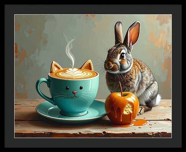 Rabbit with Cat Cup and Caramel Apple - Framed Print