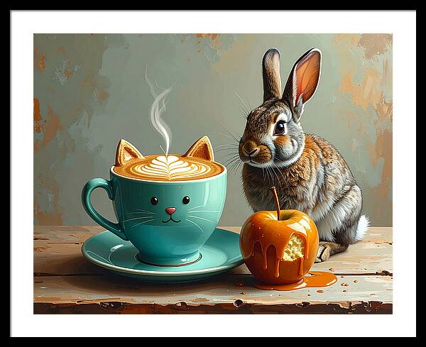 Rabbit with Cat Cup and Caramel Apple - Framed Print
