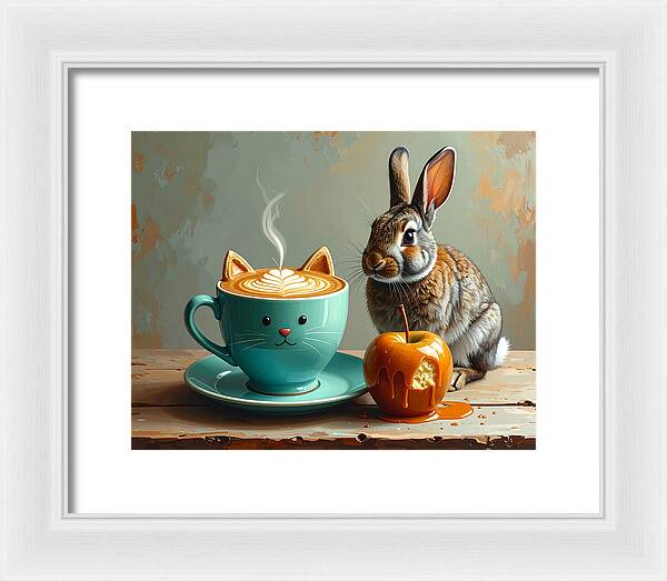 Rabbit with Cat Cup and Caramel Apple - Framed Print