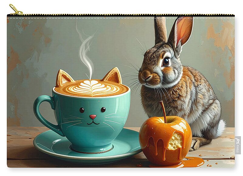 Rabbit with Cat Cup and Caramel Apple - Zip Pouch