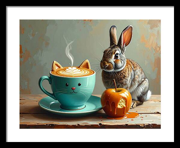 Rabbit with Cat Cup and Caramel Apple - Framed Print