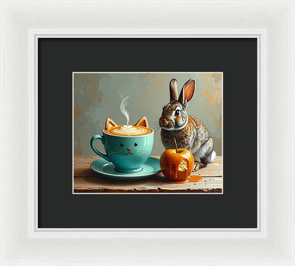 Rabbit with Cat Cup and Caramel Apple - Framed Print
