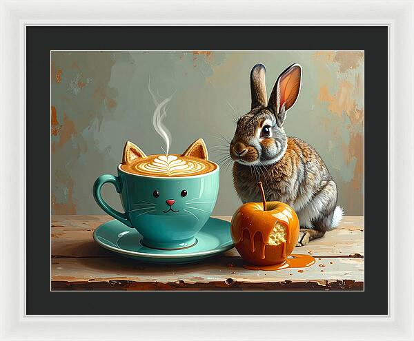 Rabbit with Cat Cup and Caramel Apple - Framed Print