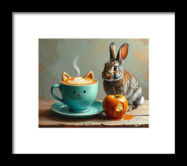 Rabbit with Cat Cup and Caramel Apple - Framed Print