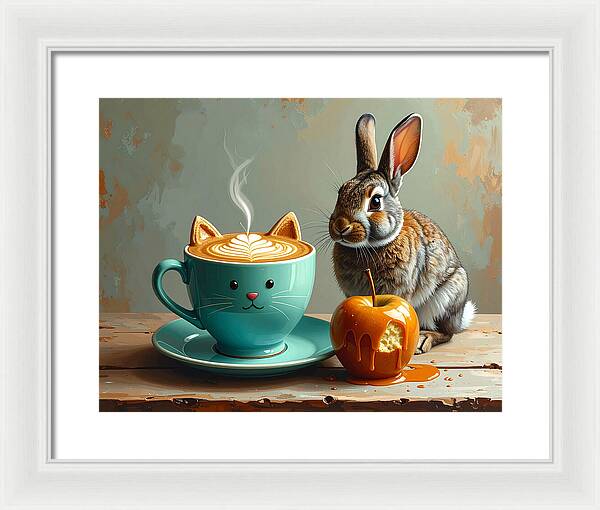 Rabbit with Cat Cup and Caramel Apple - Framed Print