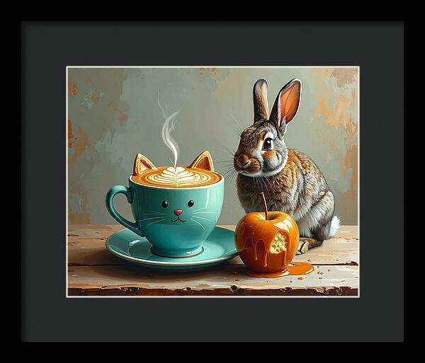 Rabbit with Cat Cup and Caramel Apple - Framed Print