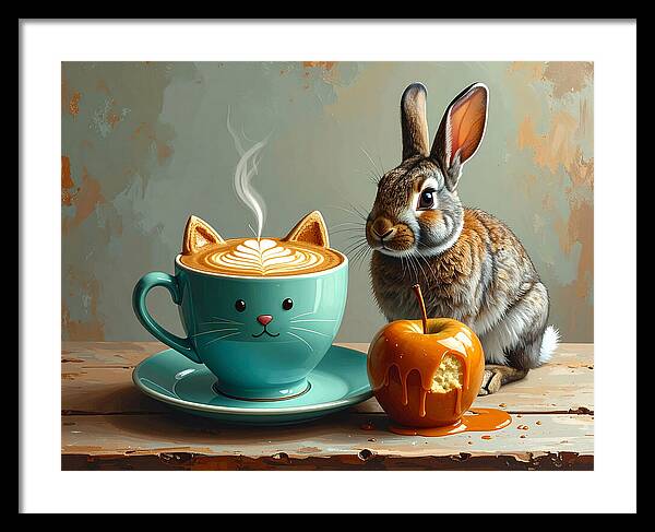 Rabbit with Cat Cup and Caramel Apple - Framed Print