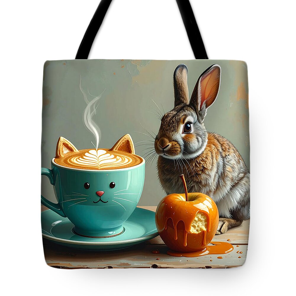 Rabbit with Cat Cup and Caramel Apple - Tote Bag