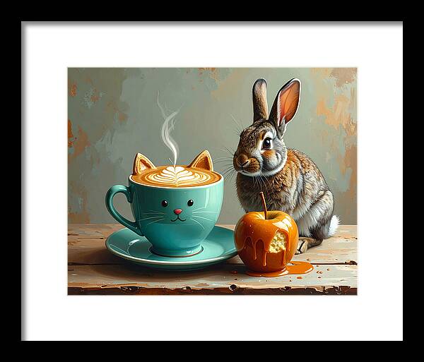 Rabbit with Cat Cup and Caramel Apple - Framed Print