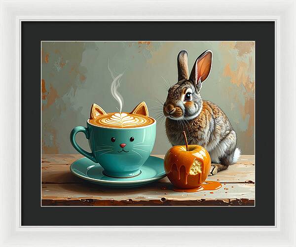 Rabbit with Cat Cup and Caramel Apple - Framed Print