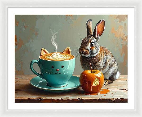 Rabbit with Cat Cup and Caramel Apple - Framed Print