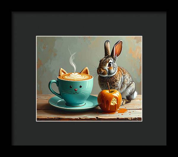 Rabbit with Cat Cup and Caramel Apple - Framed Print