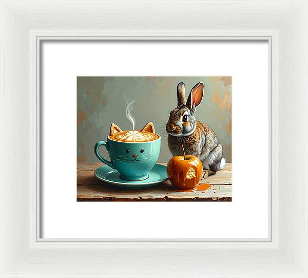 Rabbit with Cat Cup and Caramel Apple - Framed Print