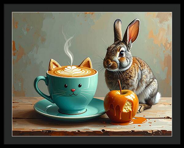 Rabbit with Cat Cup and Caramel Apple - Framed Print
