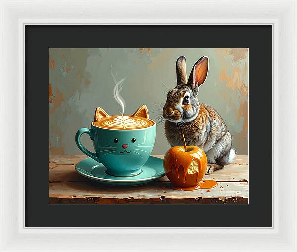 Rabbit with Cat Cup and Caramel Apple - Framed Print