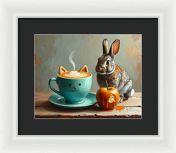 Rabbit with Cat Cup and Caramel Apple - Framed Print