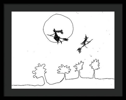 Witches Flying Across the Night Sky - Framed Print