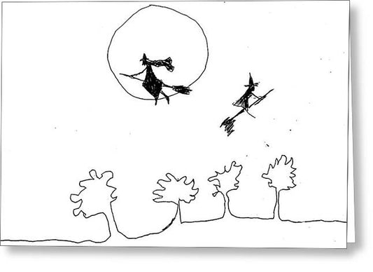 Witches Flying Across the Night Sky - Greeting Card
