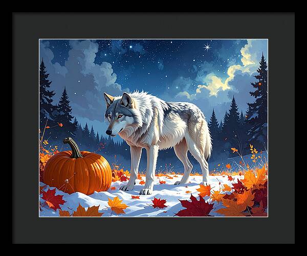 Wolf Among Autumn Leaves - Framed Print