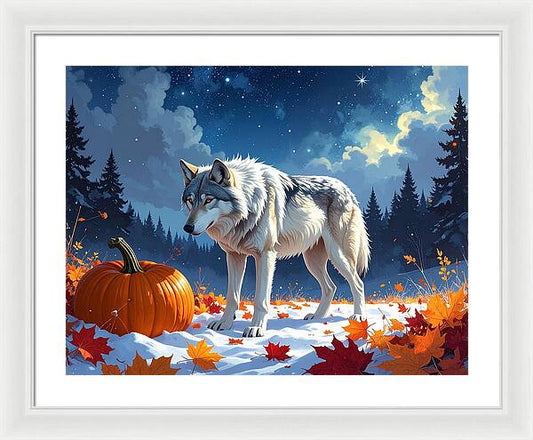 Wolf Among Autumn Leaves - Framed Print
