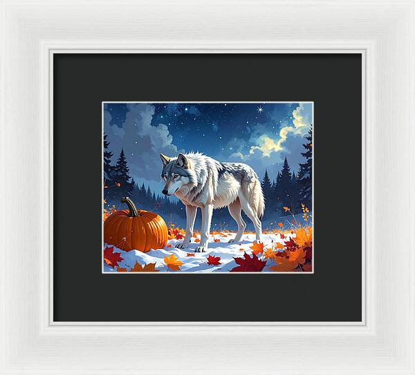 Wolf Among Autumn Leaves - Framed Print