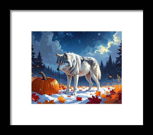 Wolf Among Autumn Leaves - Framed Print