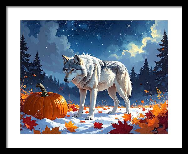 Wolf Among Autumn Leaves - Framed Print