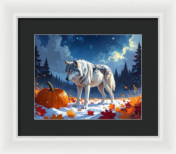 Wolf Among Autumn Leaves - Framed Print