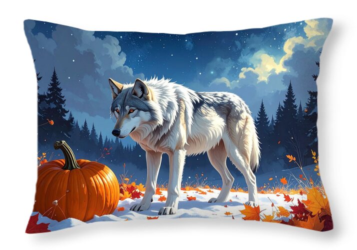 Wolf Among Autumn Leaves - Throw Pillow
