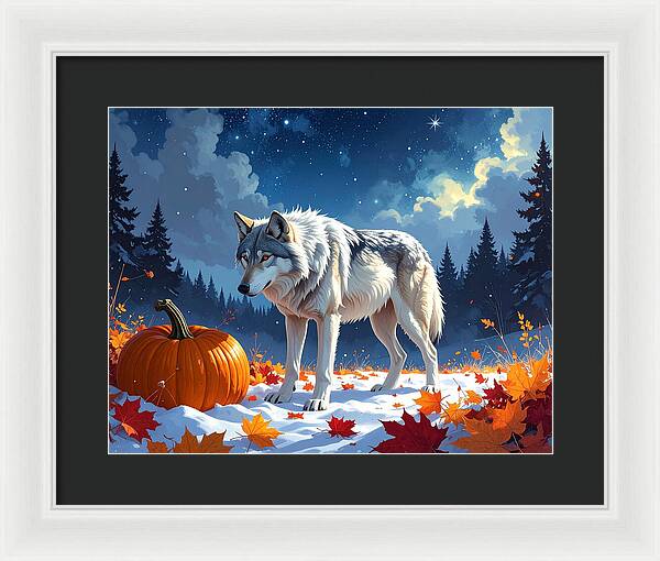 Wolf Among Autumn Leaves - Framed Print