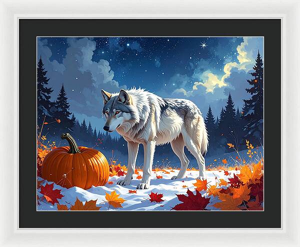 Wolf Among Autumn Leaves - Framed Print