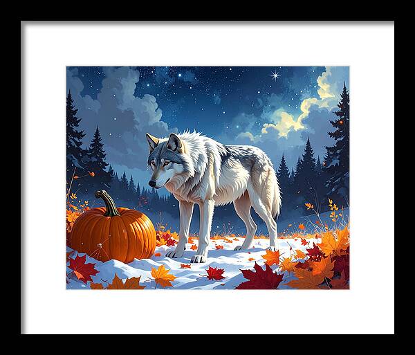 Wolf Among Autumn Leaves - Framed Print