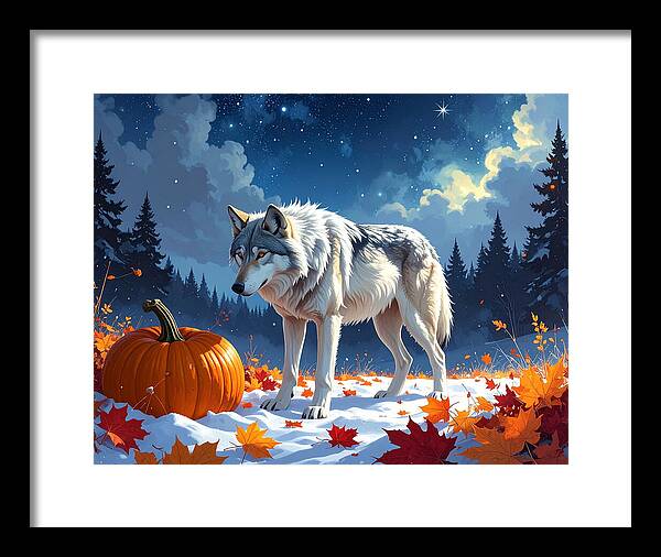 Wolf Among Autumn Leaves - Framed Print