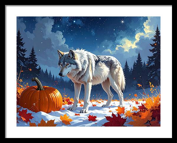 Wolf Among Autumn Leaves - Framed Print