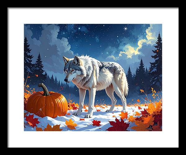 Wolf Among Autumn Leaves - Framed Print