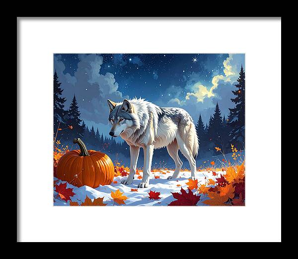 Wolf Among Autumn Leaves - Framed Print