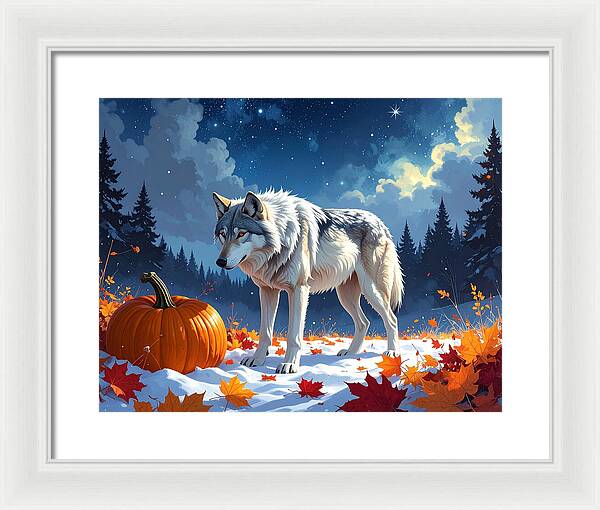 Wolf Among Autumn Leaves - Framed Print