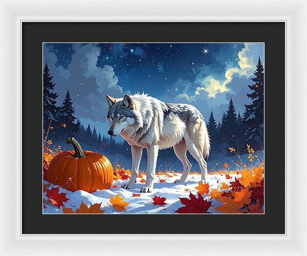 Wolf Among Autumn Leaves - Framed Print